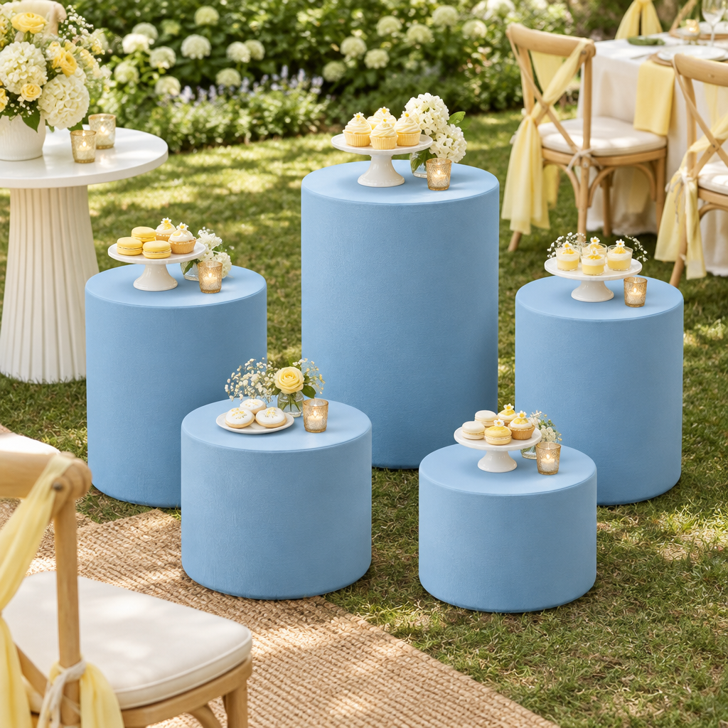 Baby Blue Spandex Covers for Cylinder Metal Cake/Dessert Pedestal Stands 5 pcs/set at a garden baby shower