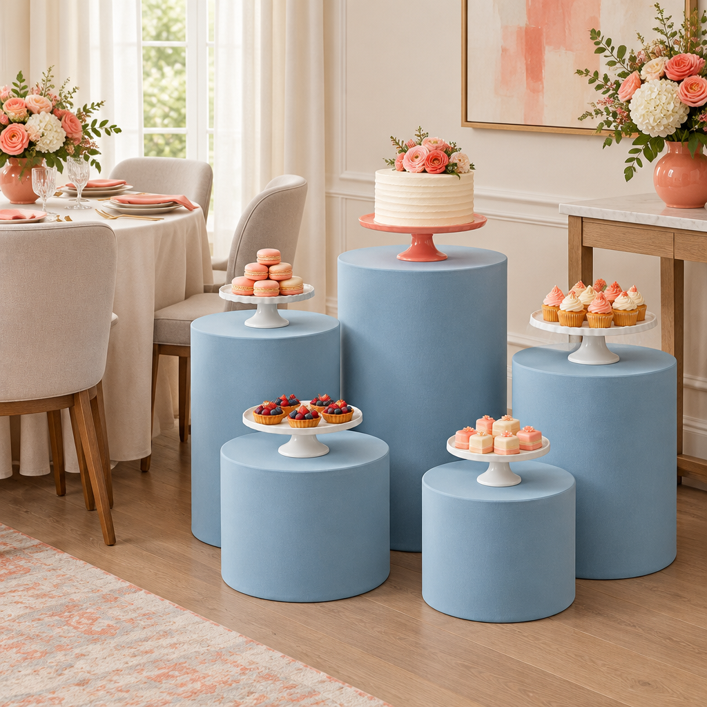 Baby Blue Spandex Covers for Cylinder Metal Cake/Dessert Pedestal Stands 5 pcs/set at a birthday dinner