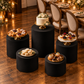 Black Spandex Covers for Cylinder Metal Cake/Dessert Pedestal Stands 5 pcs/set at an anniversary dinner
