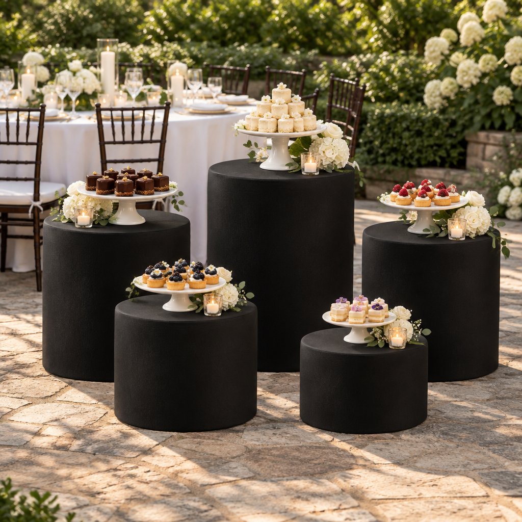 Black Spandex Covers for Cylinder Metal Cake/Dessert Pedestal Stands 5 pcs/set at a garden wedding