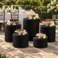 Black Spandex Covers for Cylinder Metal Cake/Dessert Pedestal Stands 5 pcs/set at a garden wedding