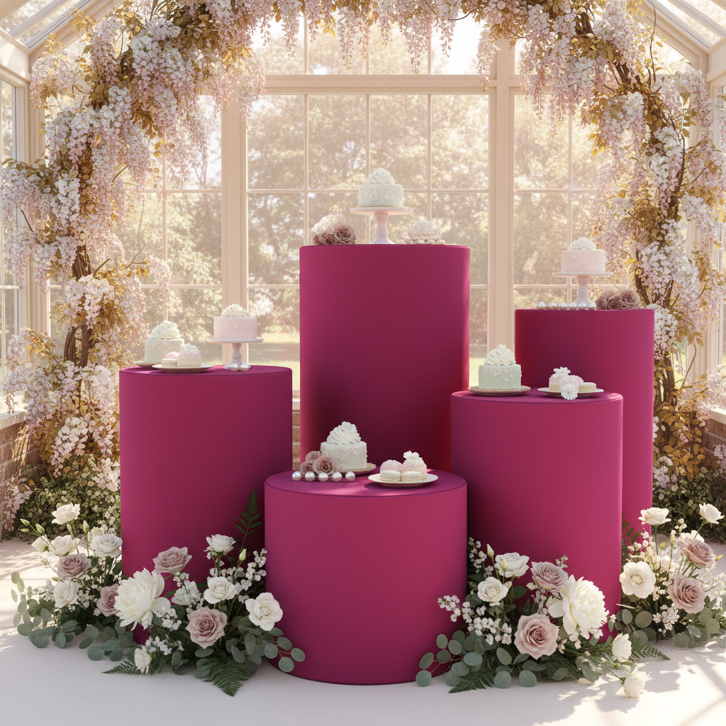 Spandex Covers for Cylinder Metal Cake/Dessert Pedestal Stands 5 pcs/set - Fuchsia