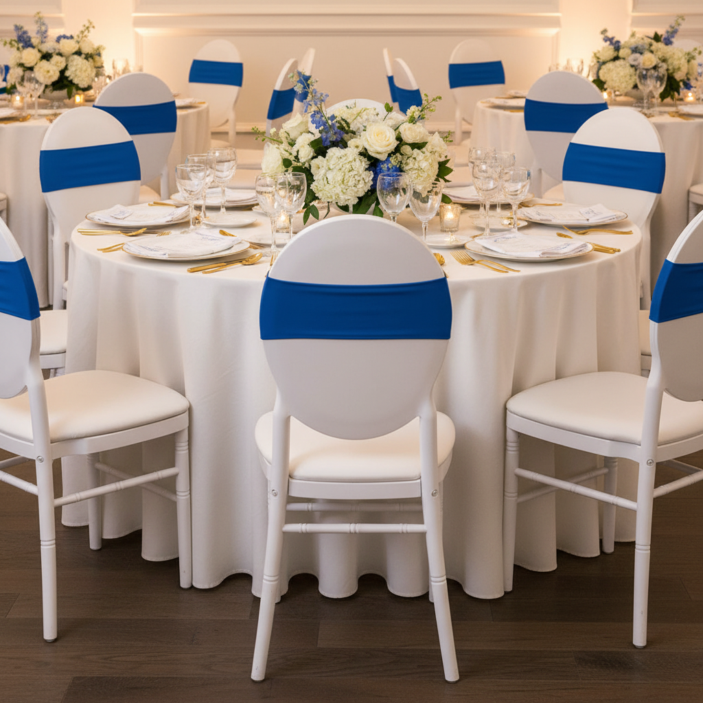 Spandex Chair Band - Royal Blue on top of white chair | white tablecloth| white charger plate | white napkin