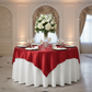 Square 72" Satin Table Overlay - Apple Red on top of white round tablecloth