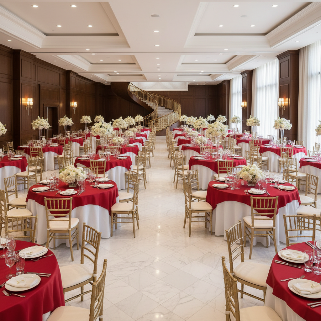 Square 72" Satin Table Overlay - Apple Red on top of white round tablecoth for wedding reception
