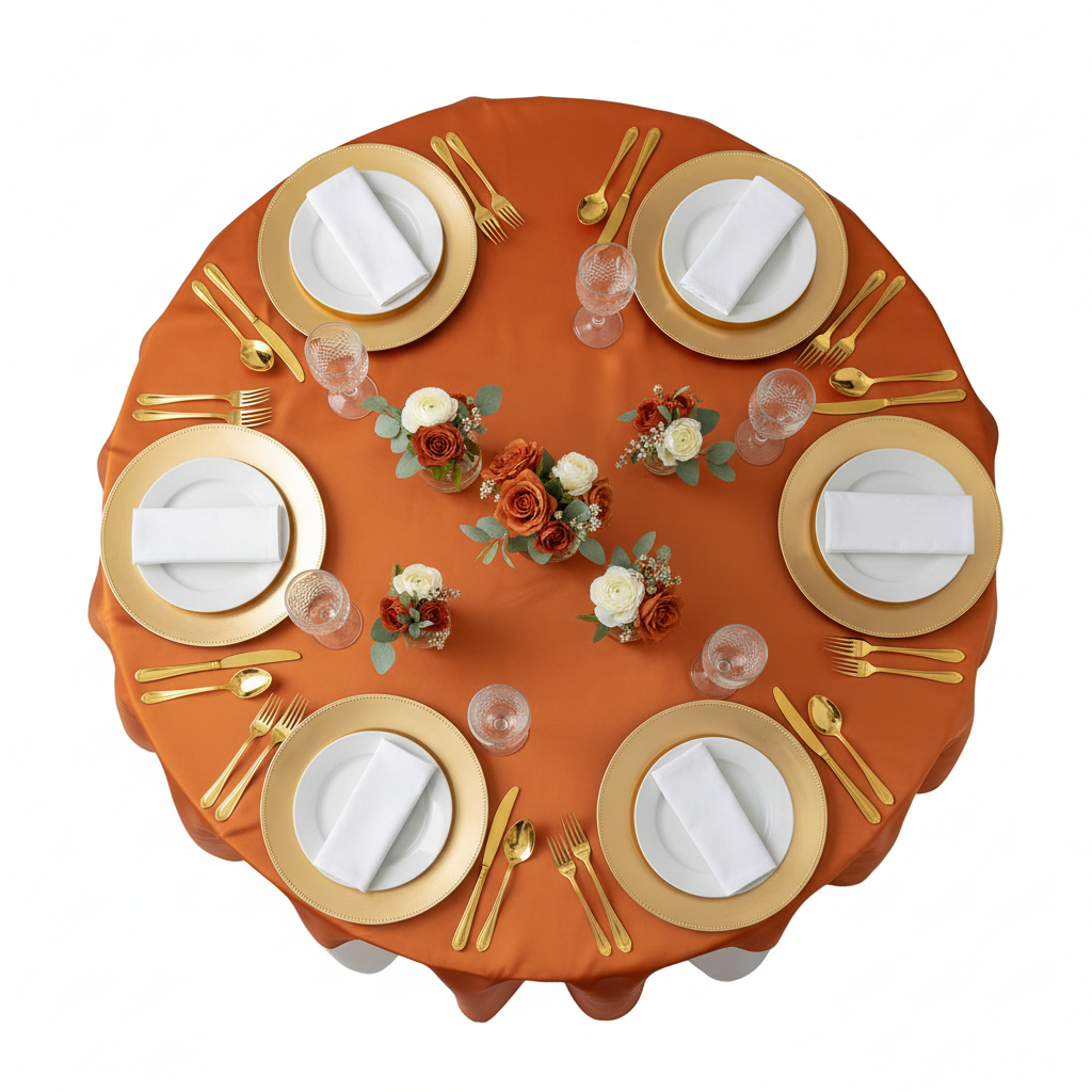 Square 72" Satin Table Overlay - Burnt Orange with gold charger plate | white dinner plate | wine goblets | white napkin | white tablecloth