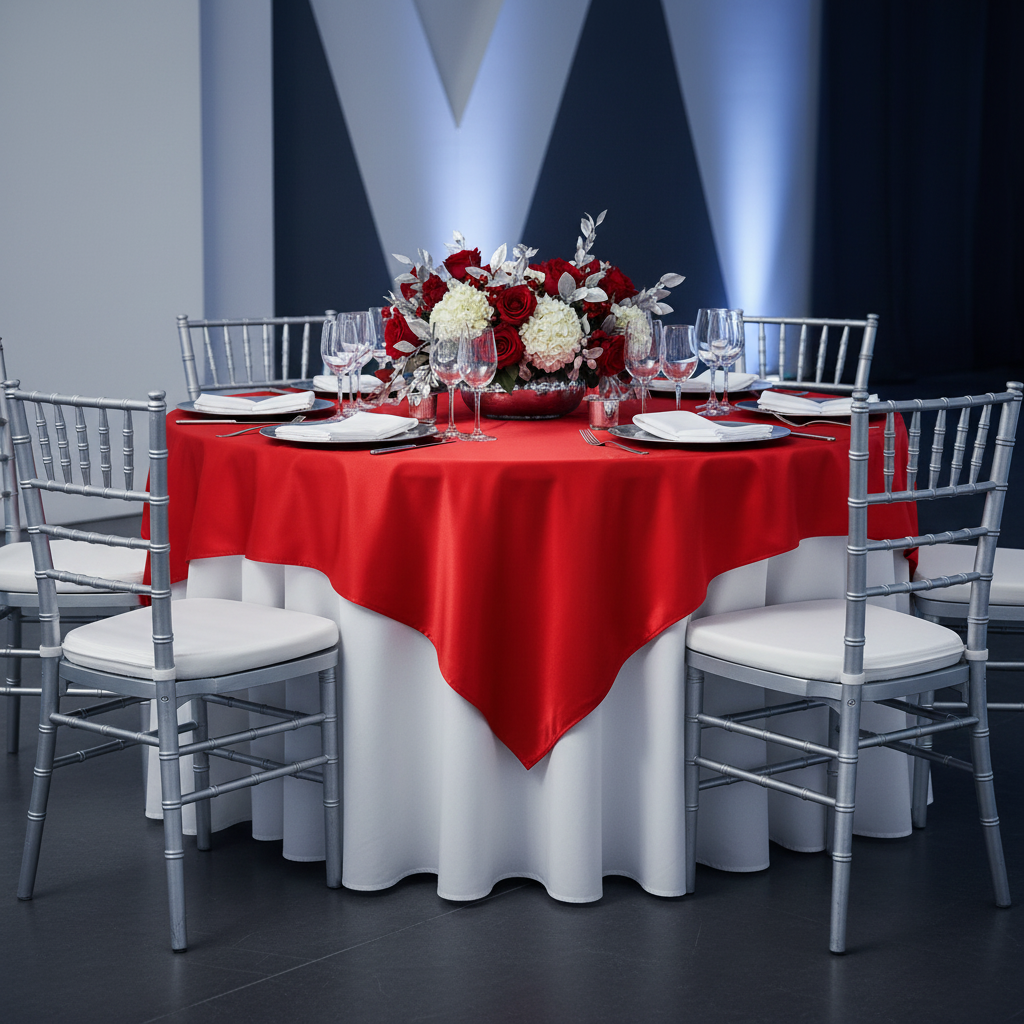 Square 72" Satin Table Overlay - Red | charger plate | wine goblet | tablecloth | centerpiece |