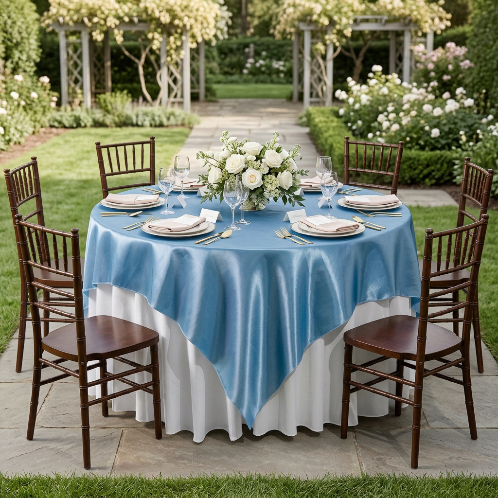 Steele Blue satin overlay garden wedding
