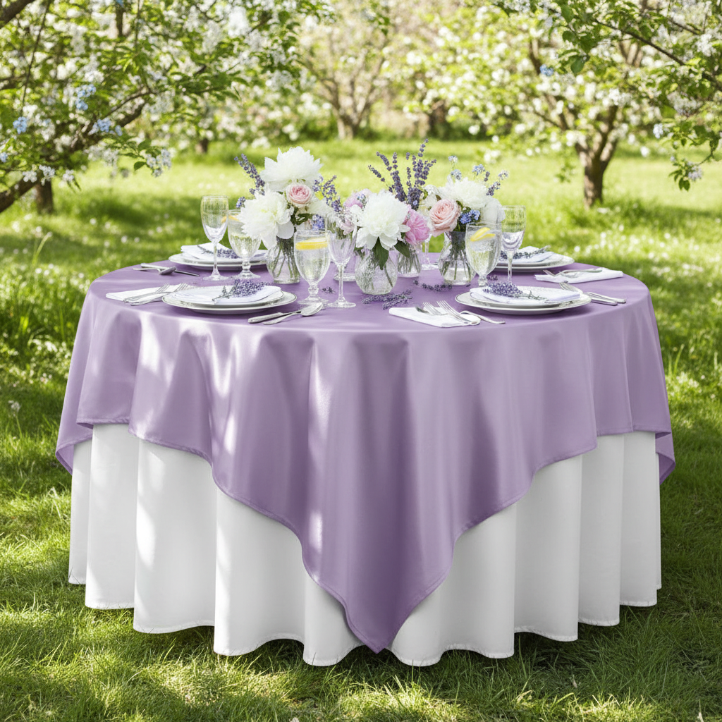 Square 90"x90" Satin Table Overlay - Lavender with white dinner plate | wine goblets | flower centerpiece