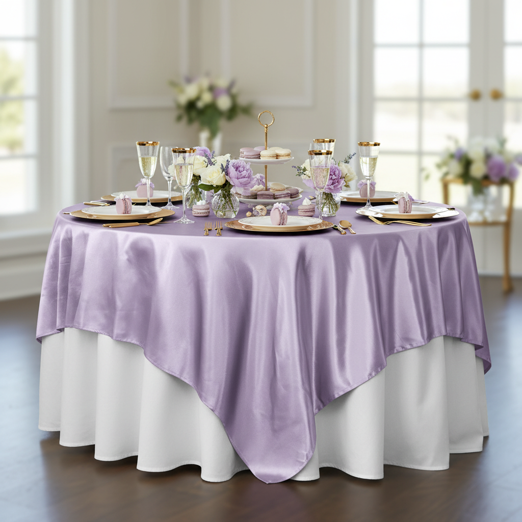 Square 90"x90" Satin Table Overlay - Lavender with white dinner plate | wine goblets | flower centerpiece  gold charger plate