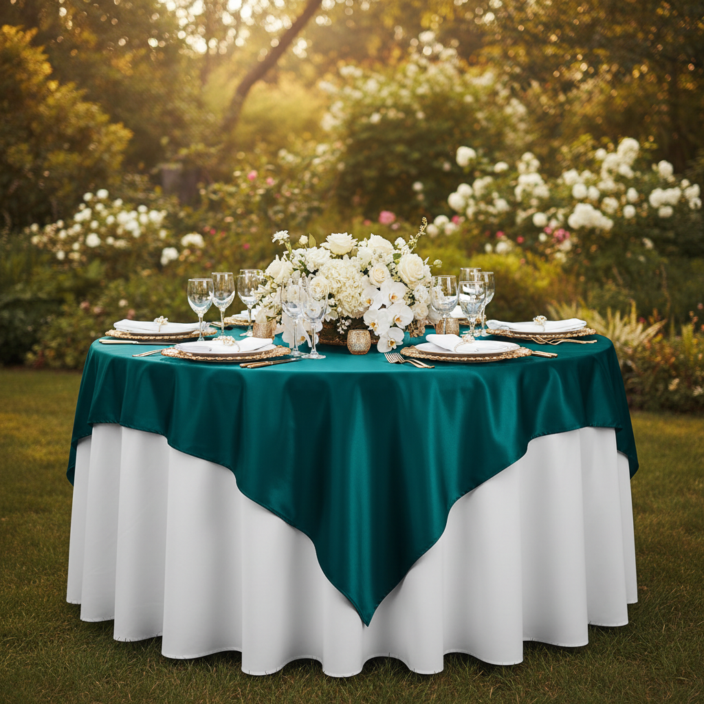 Square 90"x90" Satin Table Overlay - Peacock for garden table setup