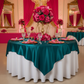 Square 90"x90" Satin Table Overlay - Peacock for a quinceañera table setup