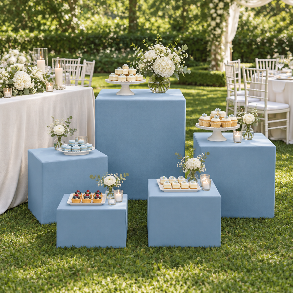 Baby-blue square pedestal covers at a garden wedding
