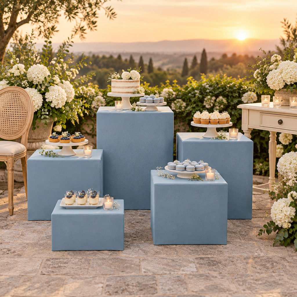 Baby-blue square pedestal covers at a sunrise garden wedding