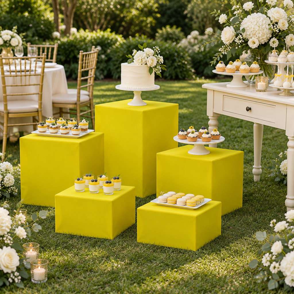 Canary-yellow square pedestal covers at a garden wedding