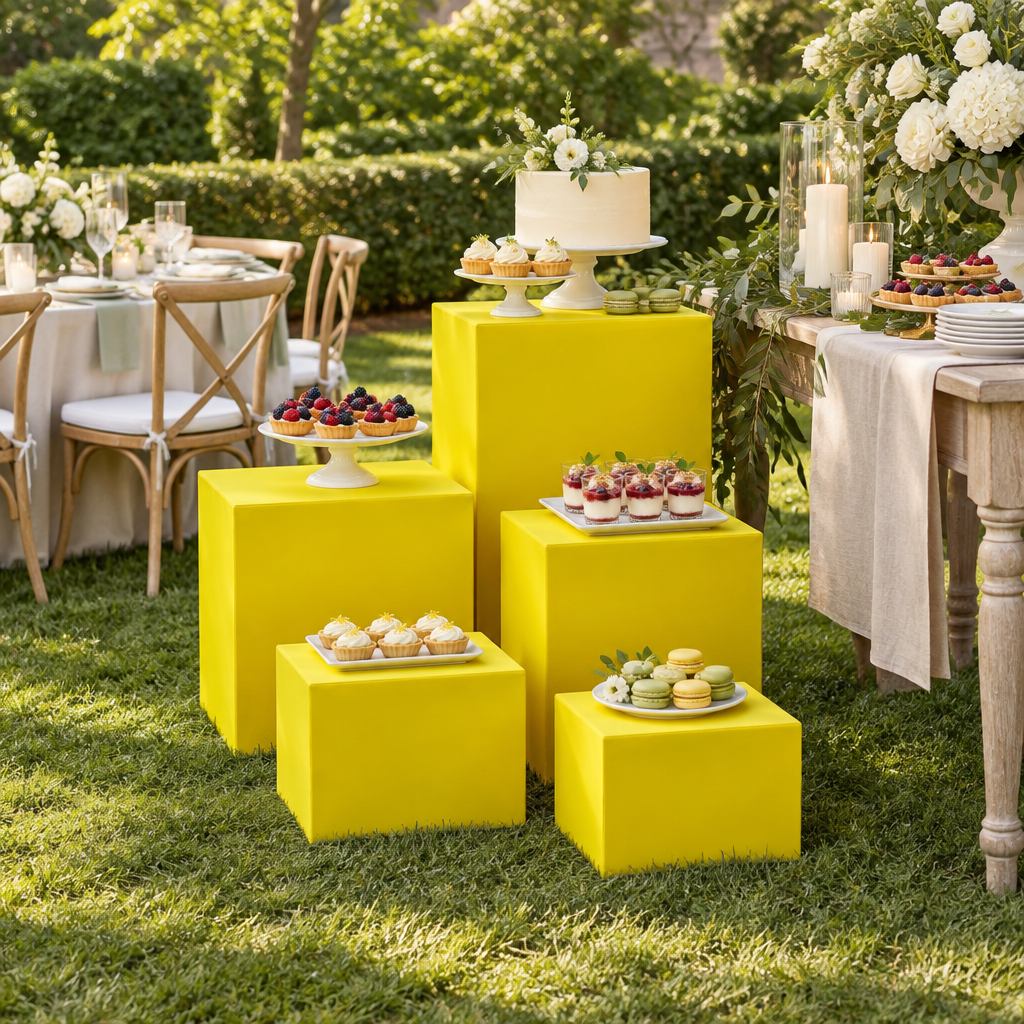Canary yellow square pedestal covers at an outdoor wedding