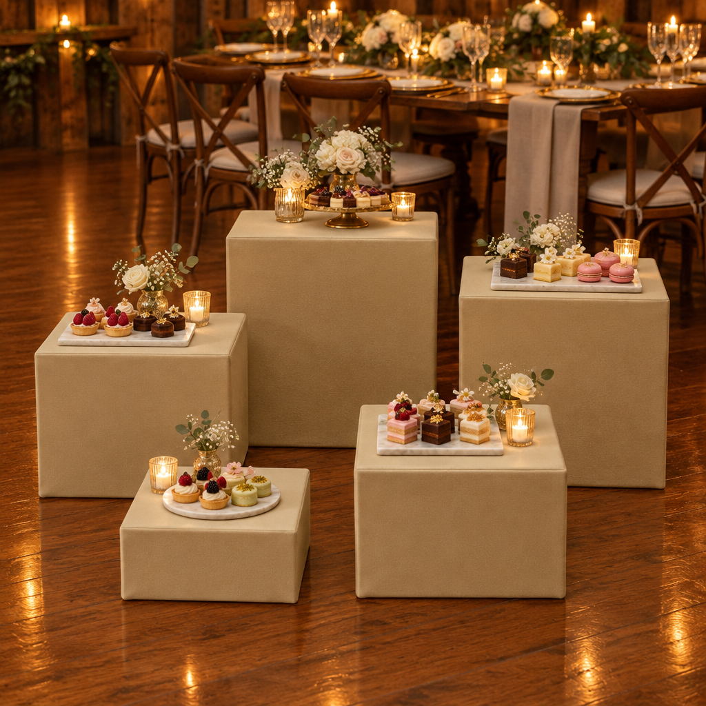 Champagne Spandex Covers for Square Metal Cake/Dessert Pedestal Stands 5 pcs/set at an anniversary dinner
