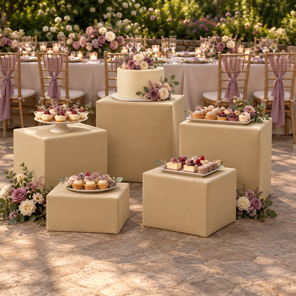 Champagne Spandex Covers for Square Metal Cake/Dessert Pedestal Stands 5 pcs/set at an outdoor quinceañera