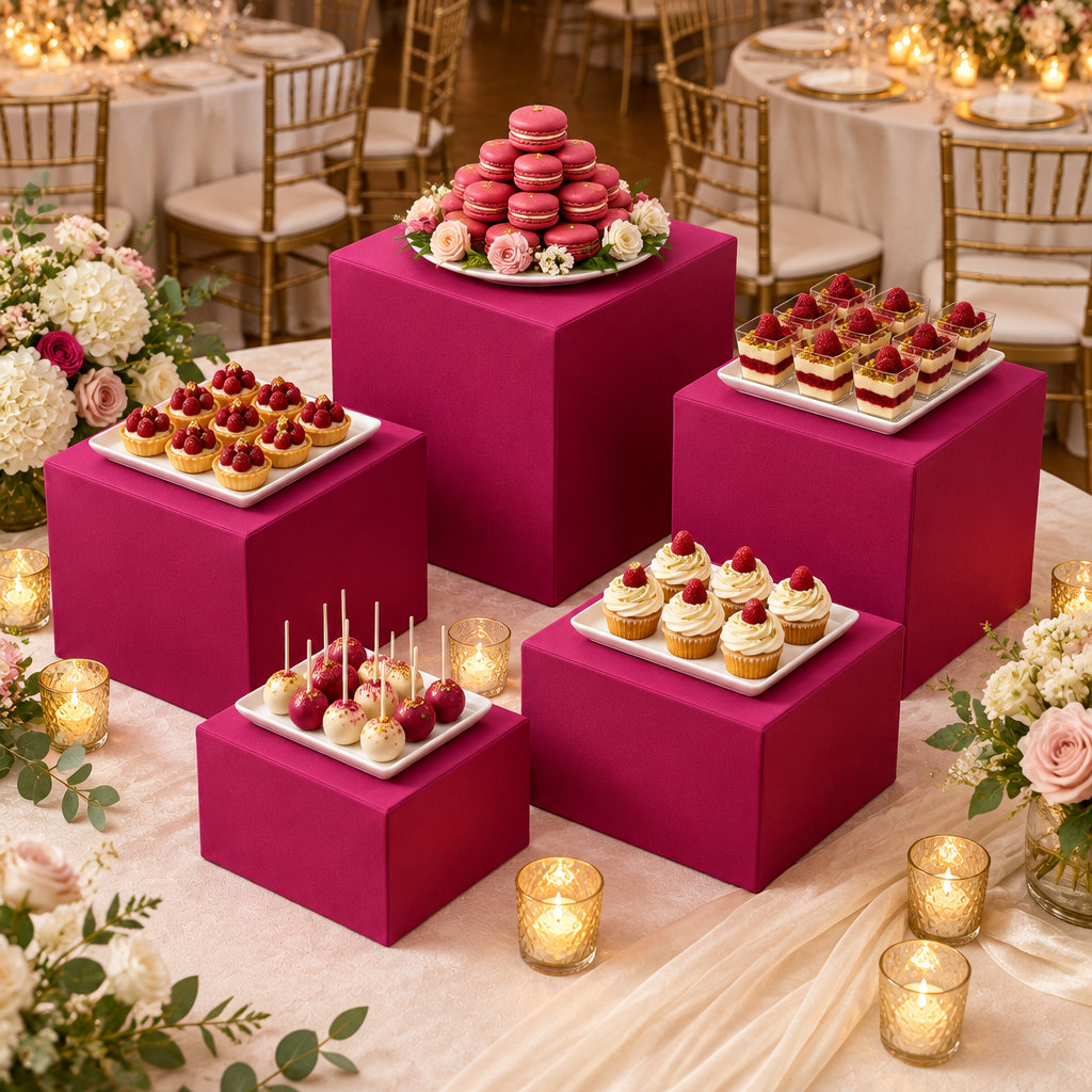 Fuchsia Spandex Covers for Square Metal Cake/Dessert Pedestal Stands 5 pcs/set at an anniversary dinner