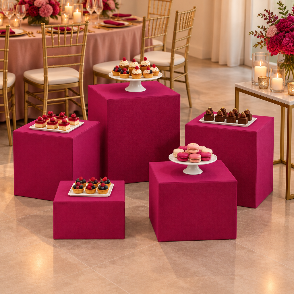 Fuchsia Spandex Covers for Square Metal Cake/Dessert Pedestal Stands 5 pcs/set at a gala