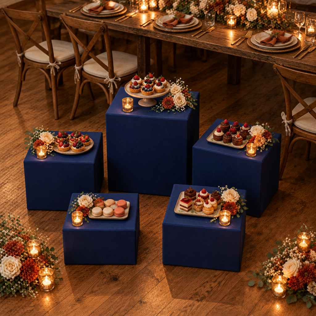 Navy Blue Spandex Covers for Square Metal Cake/Dessert Pedestal Stands 5 pcs/set at an anniversary dinner
