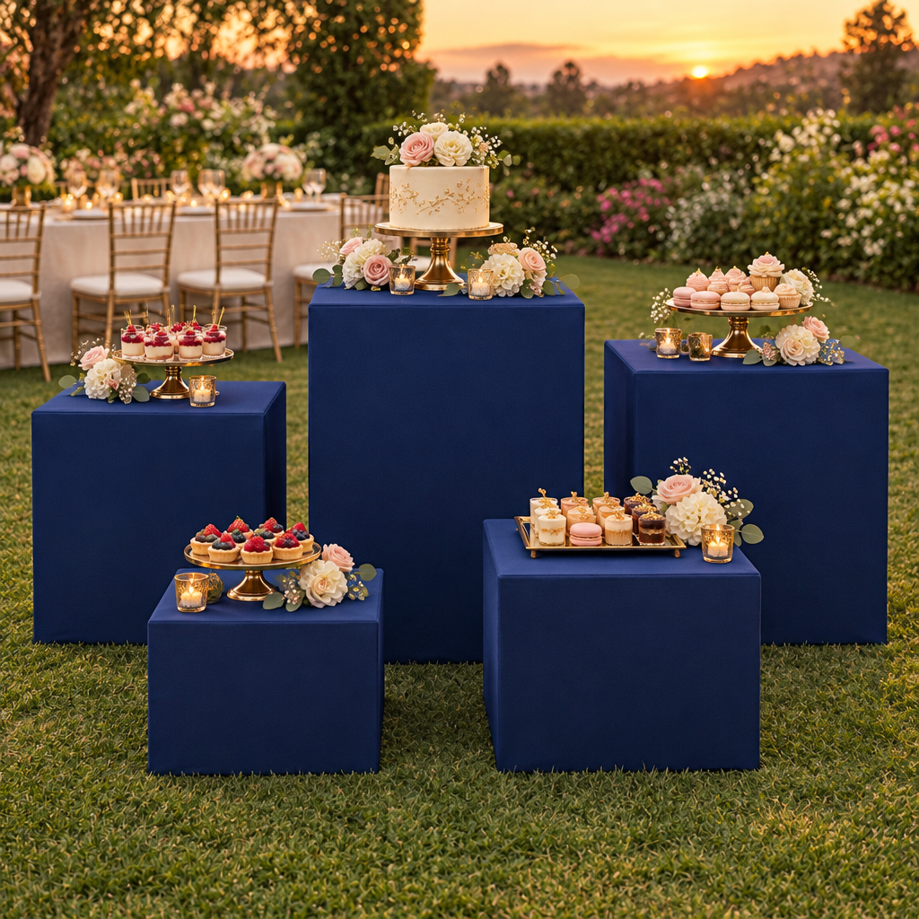 Navy Blue Spandex Covers for Square Metal Cake/Dessert Pedestal Stands 5 pcs/set at a garden quinceañera
