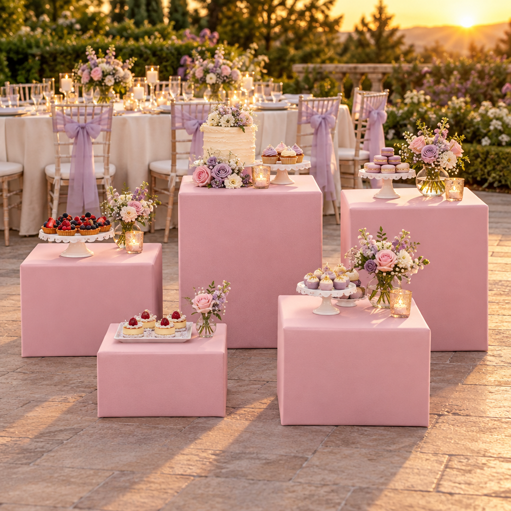 Pink Spandex Covers for Square Metal Cake/Dessert Pedestal Stands 5 pcs/set  at a garden quinceañera