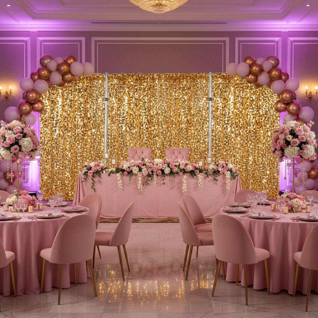 indoor birthday setup with Square Payette Sequin 10ft H x 52" W Drape/Backdrop panel - Gold