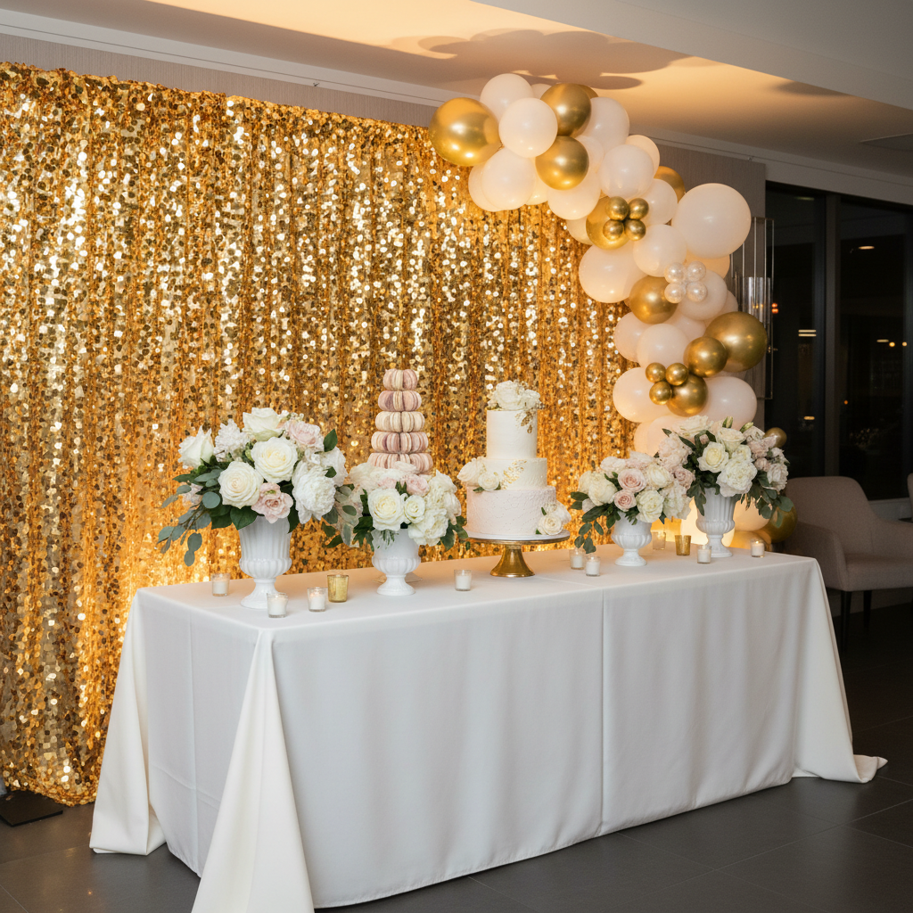 indoor bridal shower side table setup with Square Payette Sequin 10ft H x 52" W Drape/Backdrop panel - Gold