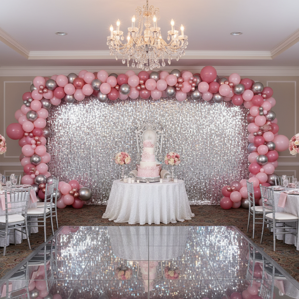 quinceañera celebration with Square Payette Sequin 10ft H x 52" W Drape/Backdrop panel - Silver