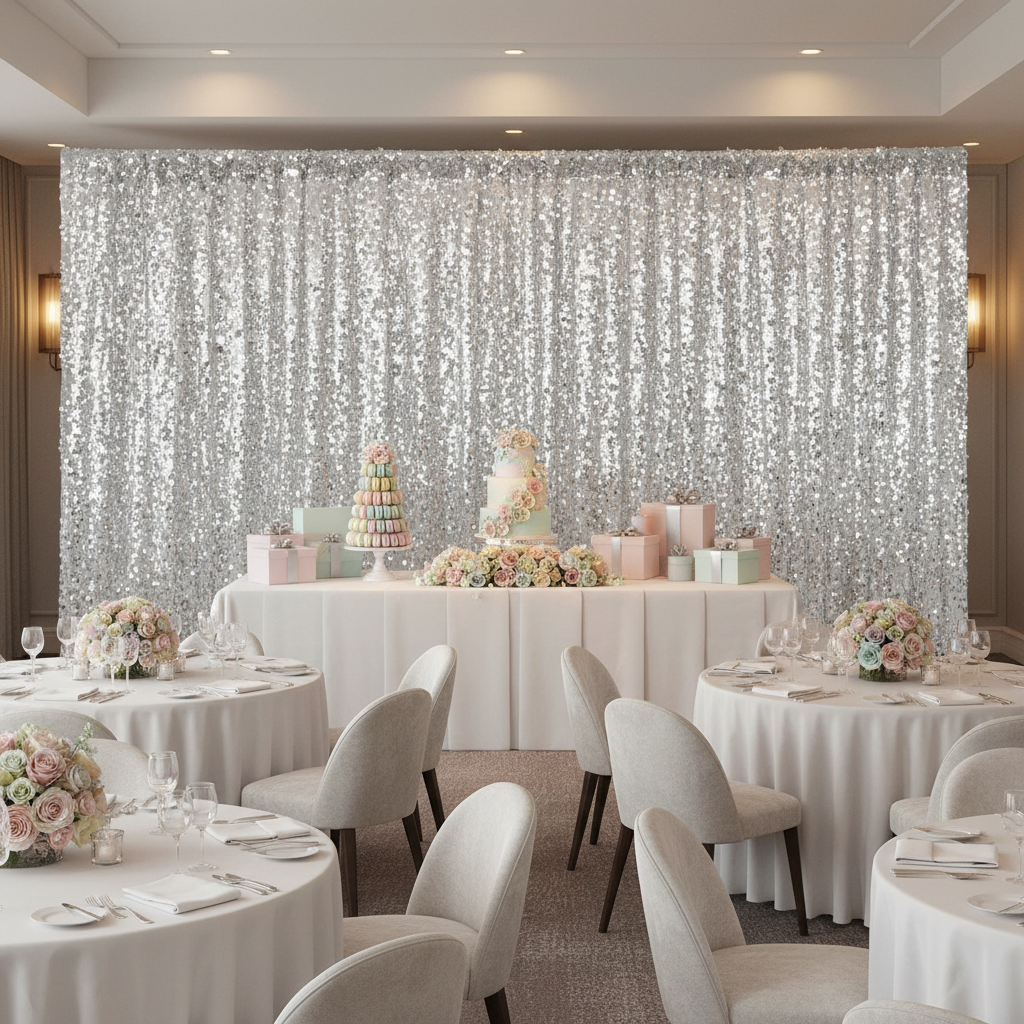 bridal shower center table setup with Square Payette Sequin 10ft H x 52" W Drape/Backdrop panel - Silver