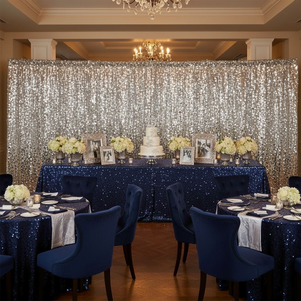 milestone birthday and retirement celebration with Square Payette Sequin 10ft H x 52" W Drape/Backdrop panel - Silver