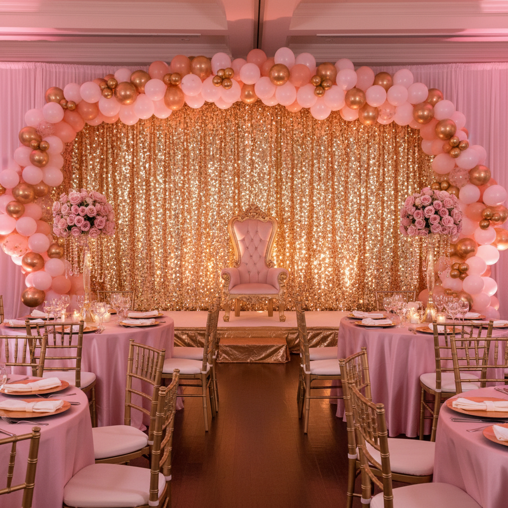 quinceañera center setup with Square Payette Sequin 12ft H x 52" W Drape/Backdrop panel - Gold
