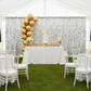 outdoor birthday garden party with Square Payette Sequin 12ft H x 52" W Drape/Backdrop panel - Silver