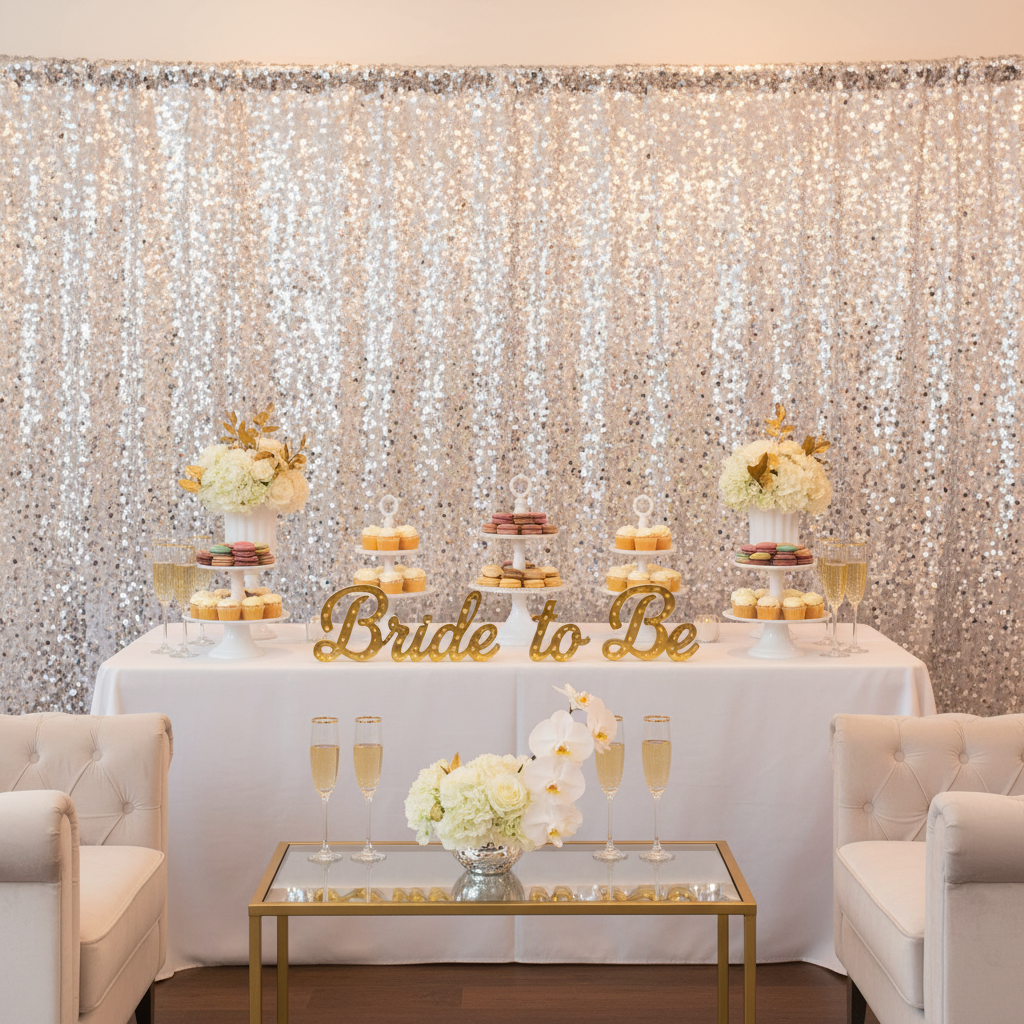 indoor bridal shower lounge with Square Payette Sequin 12ft H x 52" W Drape/Backdrop panel - Silver