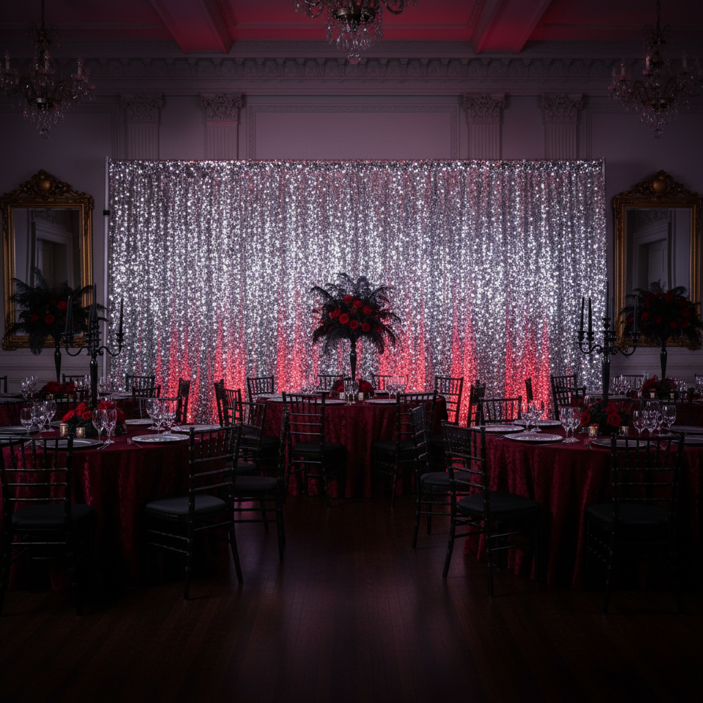 masquerade ball with Square Payette Sequin 12ft H x 52" W Drape/Backdrop panel - Silver