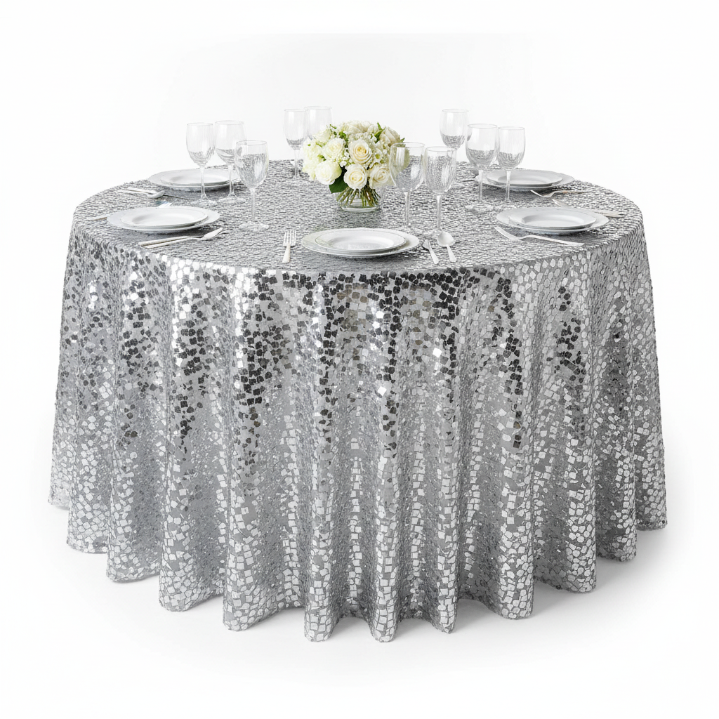 Square Payette Sequin Round 120" Tablecloth - Silver | charger plate | dinner plate | wine goblets | centerpiece |