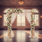 Square Pillar Wedding Arch Backdrop Stand with Shelves - Gold with chiffon blush fabric boltsand premade floral runner in blush and white