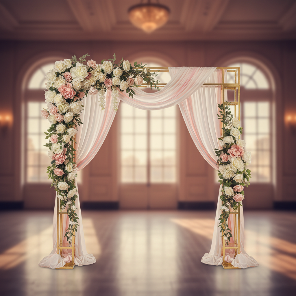 Square Pillar Wedding Arch Backdrop Stand with Shelves - Gold with chiffon blush fabric boltsand premade floral runner in blush and white