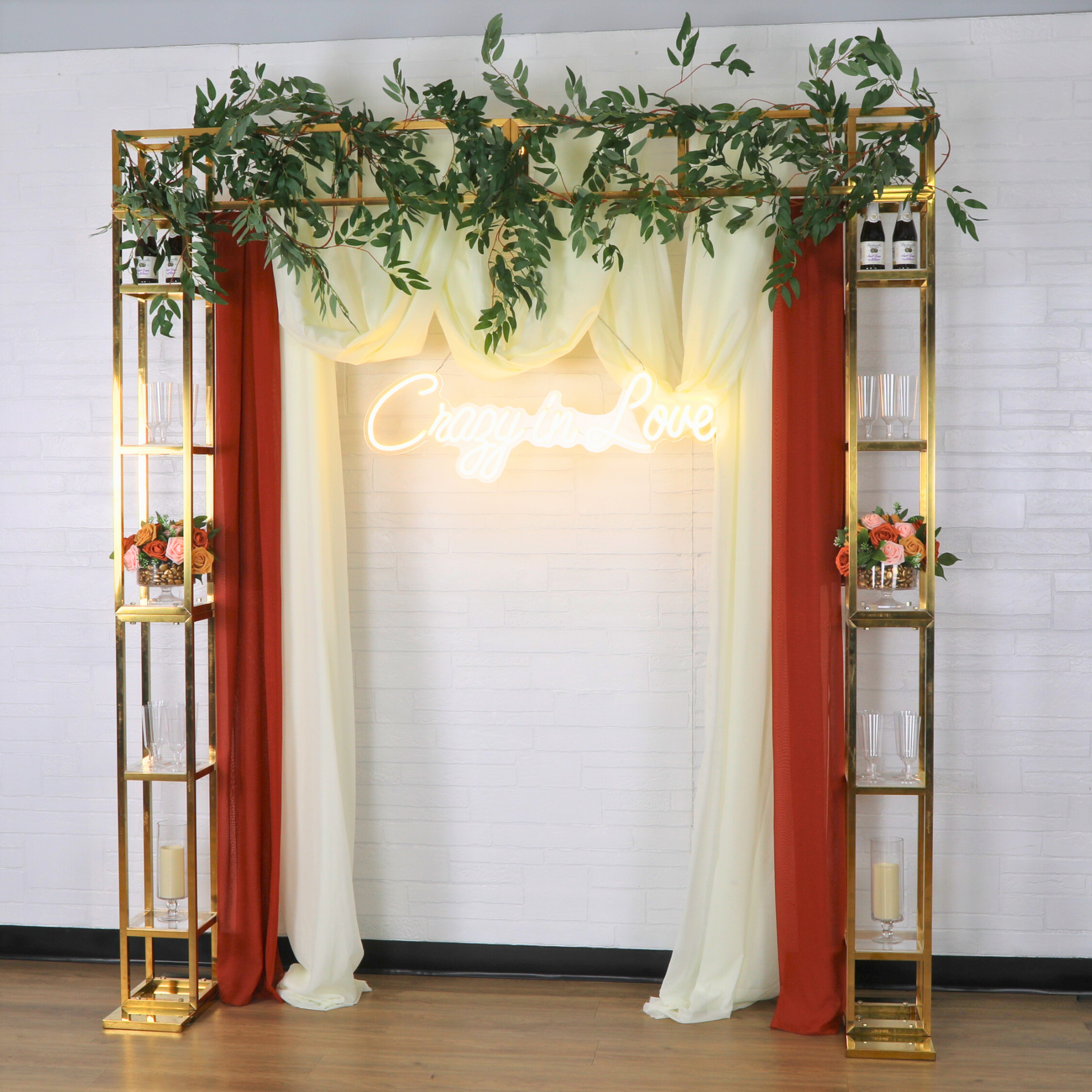 Square Pillar Wedding Arch Backdrop Stand with Shelves - Gold with ivory and rust chiffon drapes