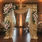 Square Pillar Wedding Arch Backdrop Stand with Shelves - Gold with glitz sequin mesh backdrop in gold and premade floral runners in blush