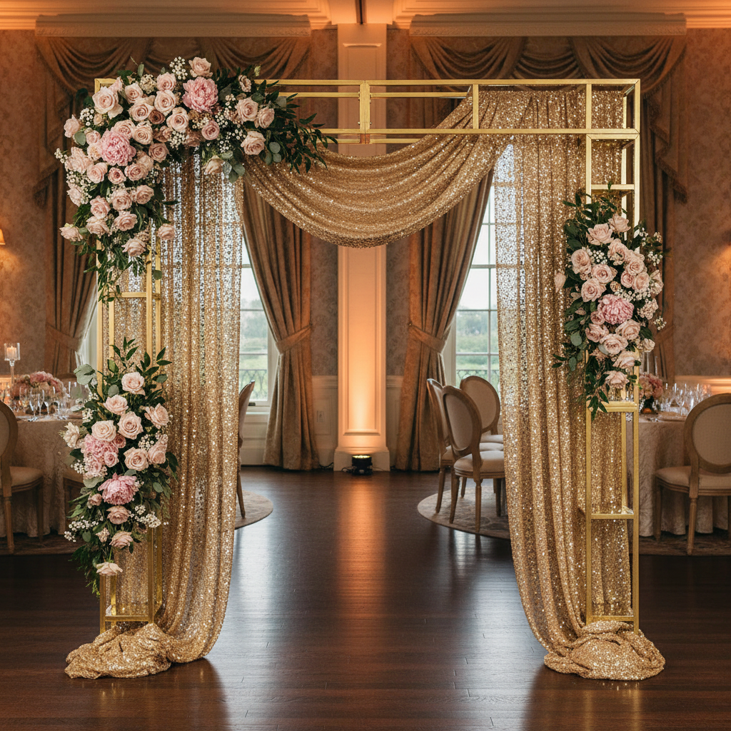 Square Pillar Wedding Arch Backdrop Stand with Shelves - Gold with glitz sequin mesh backdrop in gold and premade floral runners in blush