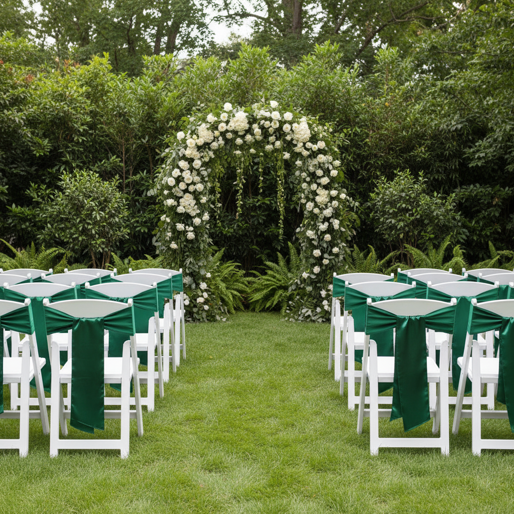 outdoor garden ceremony with Standard Satin Chair Sash - Emerald Green