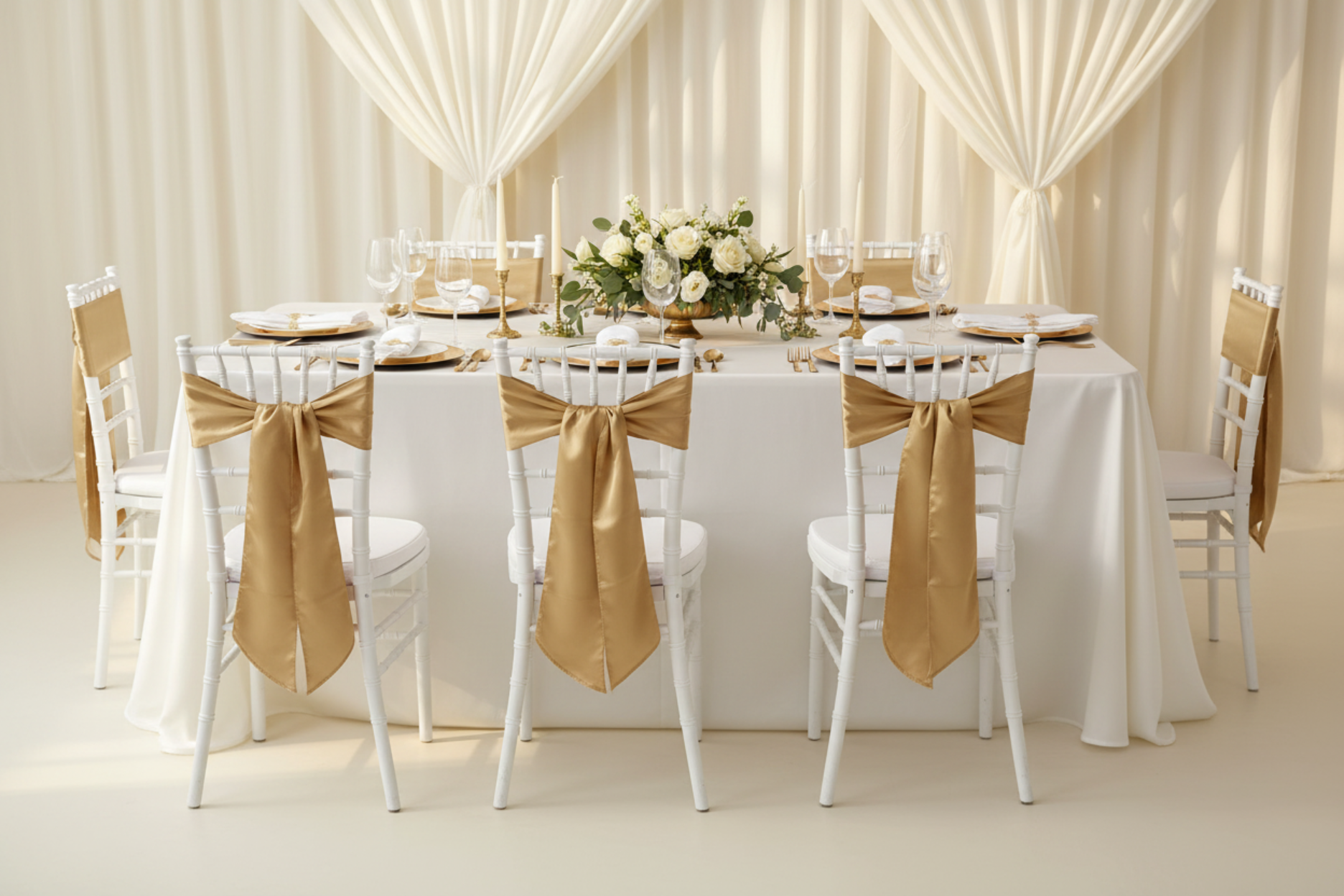 wedding setup with Standard Satin Chair Sash - Gold Antique
