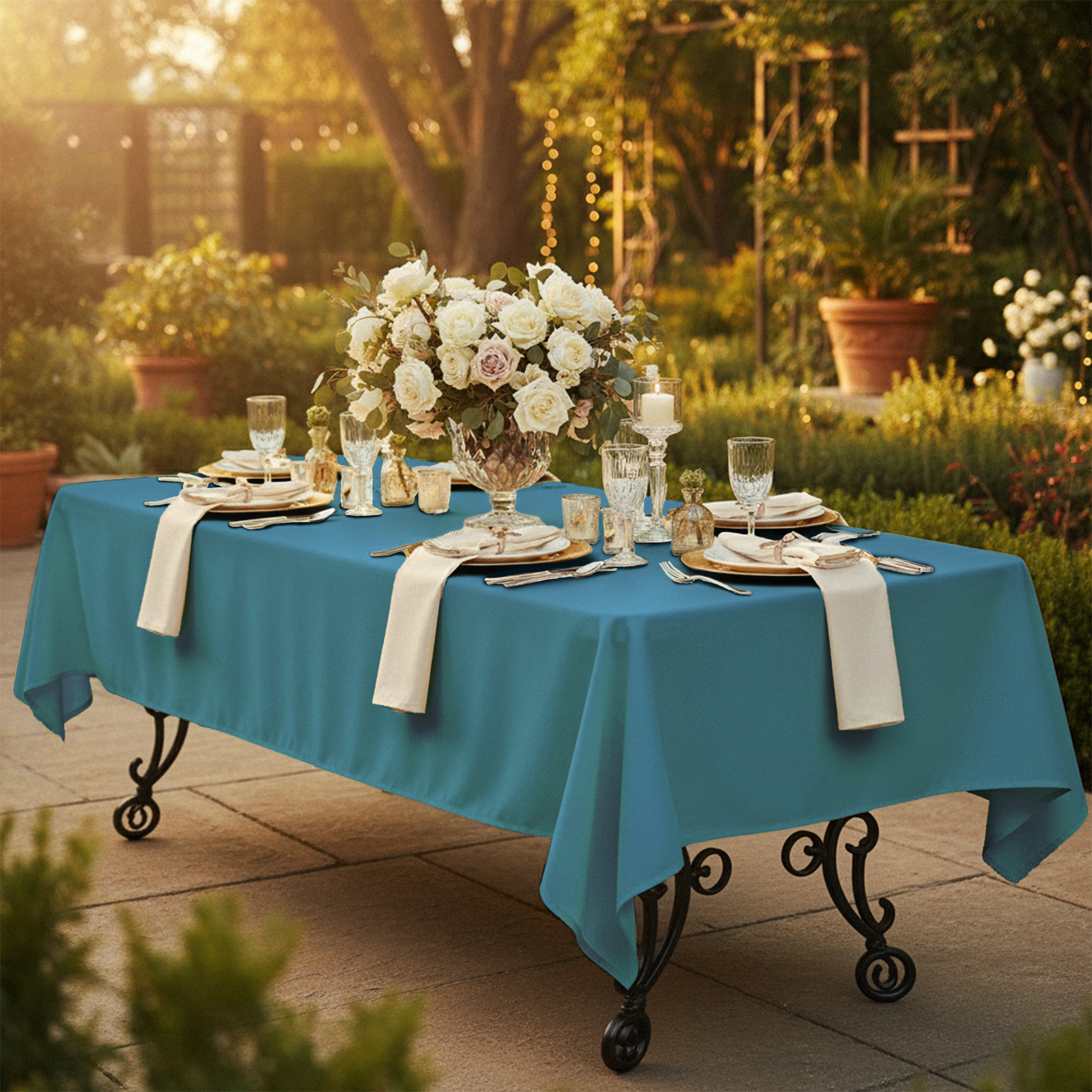 60"x120" Rectangular Premium Polyester Tablecloth Steele Blue with old chargers, wine goblets, white napkins and floral centerpiece