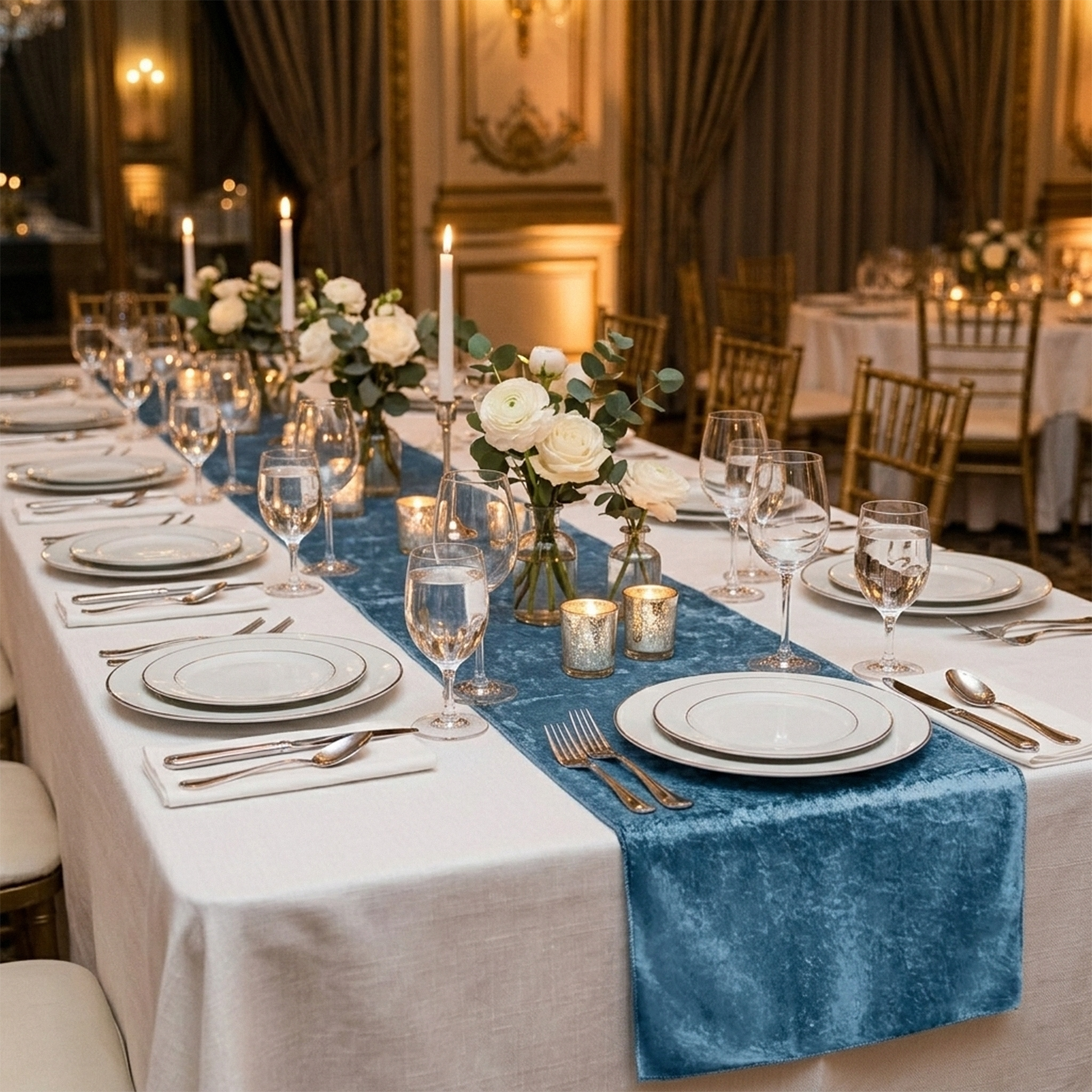 wedding rectangular tables with the Velvet Table Runner Steele Bllue with white dinner plates, silver flatware, on top a white polyester spun tablecloth