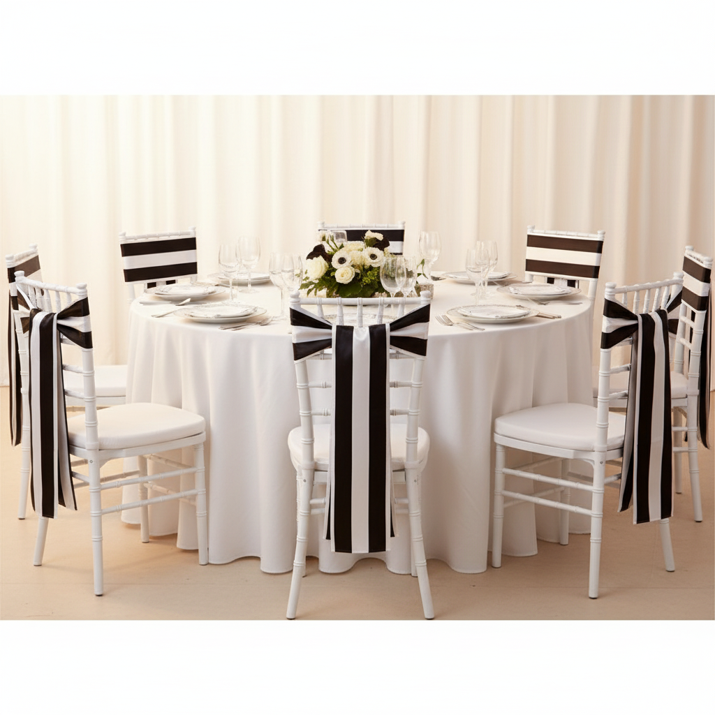 Stripe Satin Chair Sash - Black & White on chiavari for elegant events
