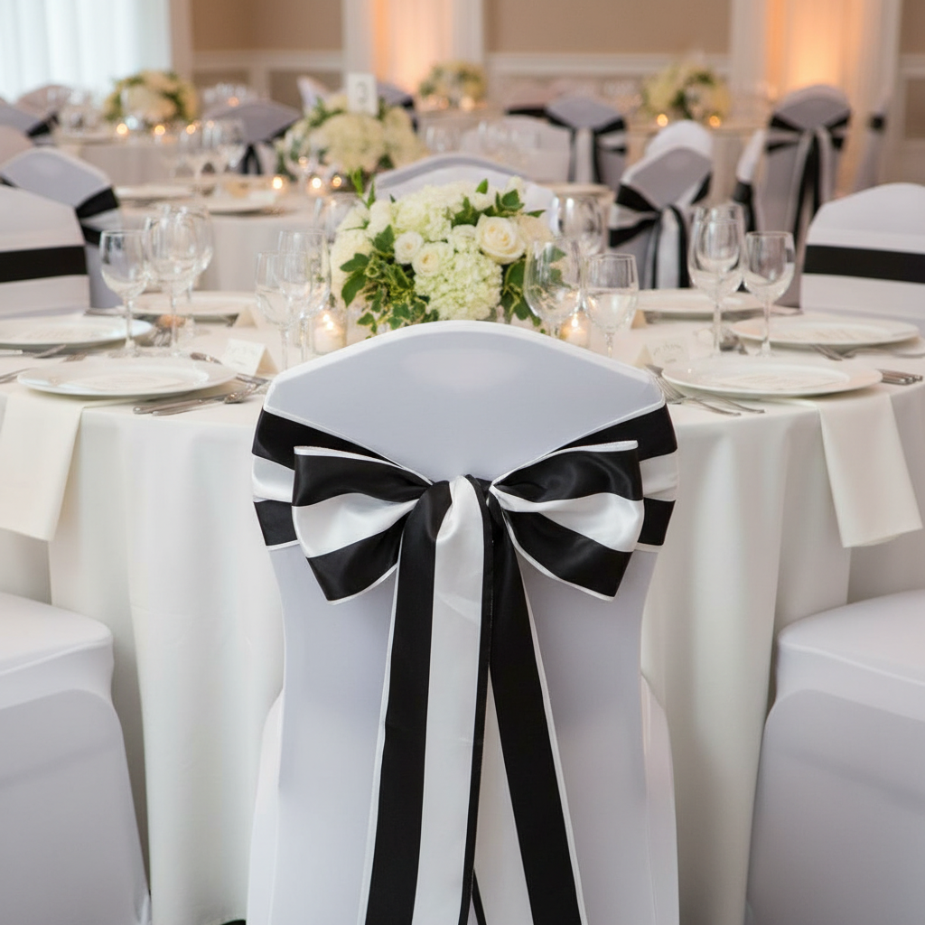 Stripe Satin Chair Sash - Black & White
on white spandex chair cover