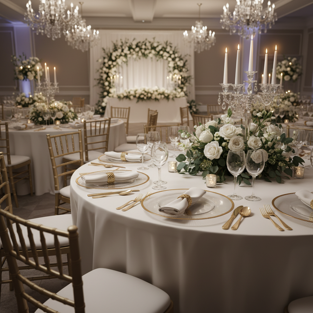 wedding reception with Sun Ripples 13" Charger Plates - Gold Trim