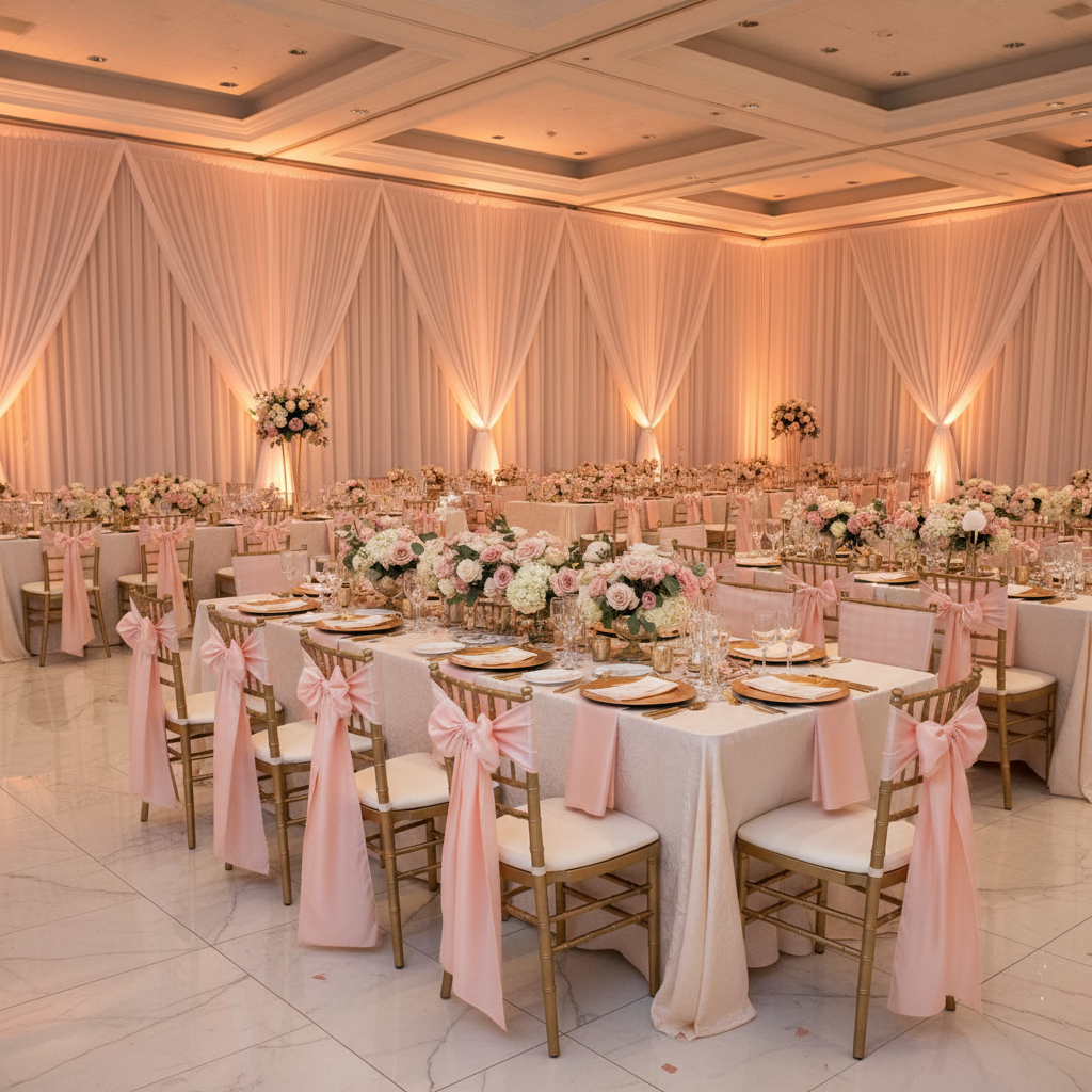 Taffeta Chair Sash/Tie - Blush/Rose Gold on gold chiavari chairs, charger plates and ivory tablecloth